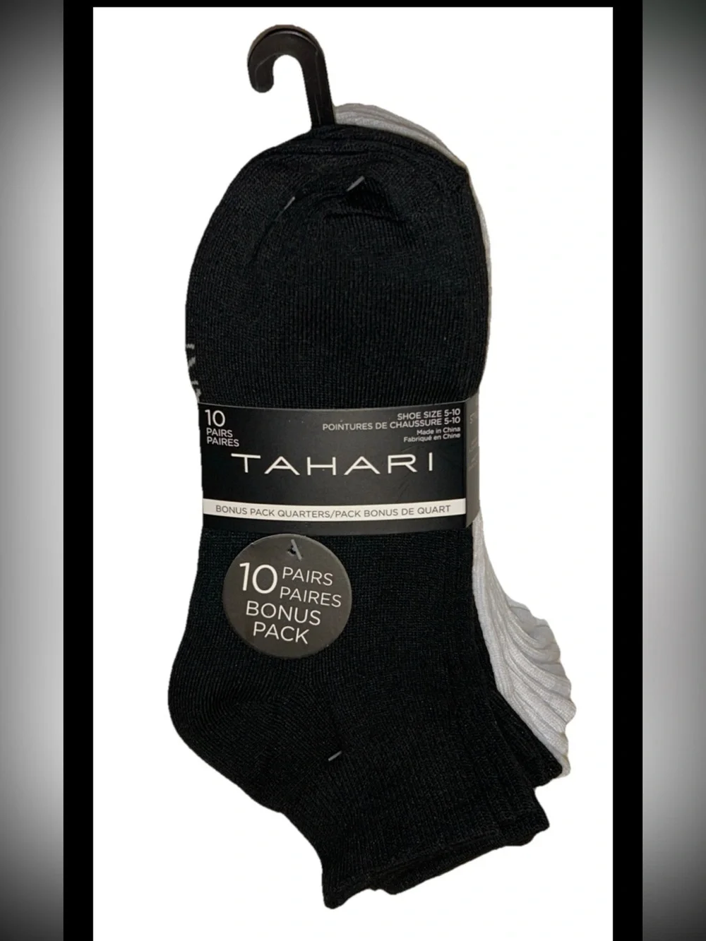 Tahari Quarters Socks 10 Pairs Women Shoe Size 5-10 Black & White w Logo NEW $36